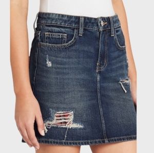 Current/Elliott 5 pocket denim miniskirt in Becker C, plaid trim